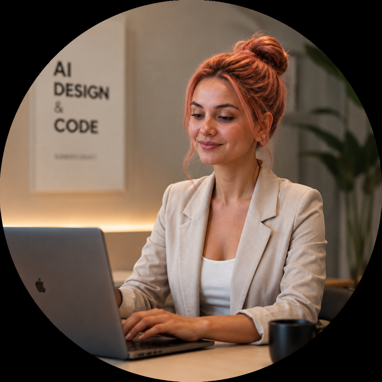 Lika Chekhova at work on a laptop, with an AI Design & Code poster behind her